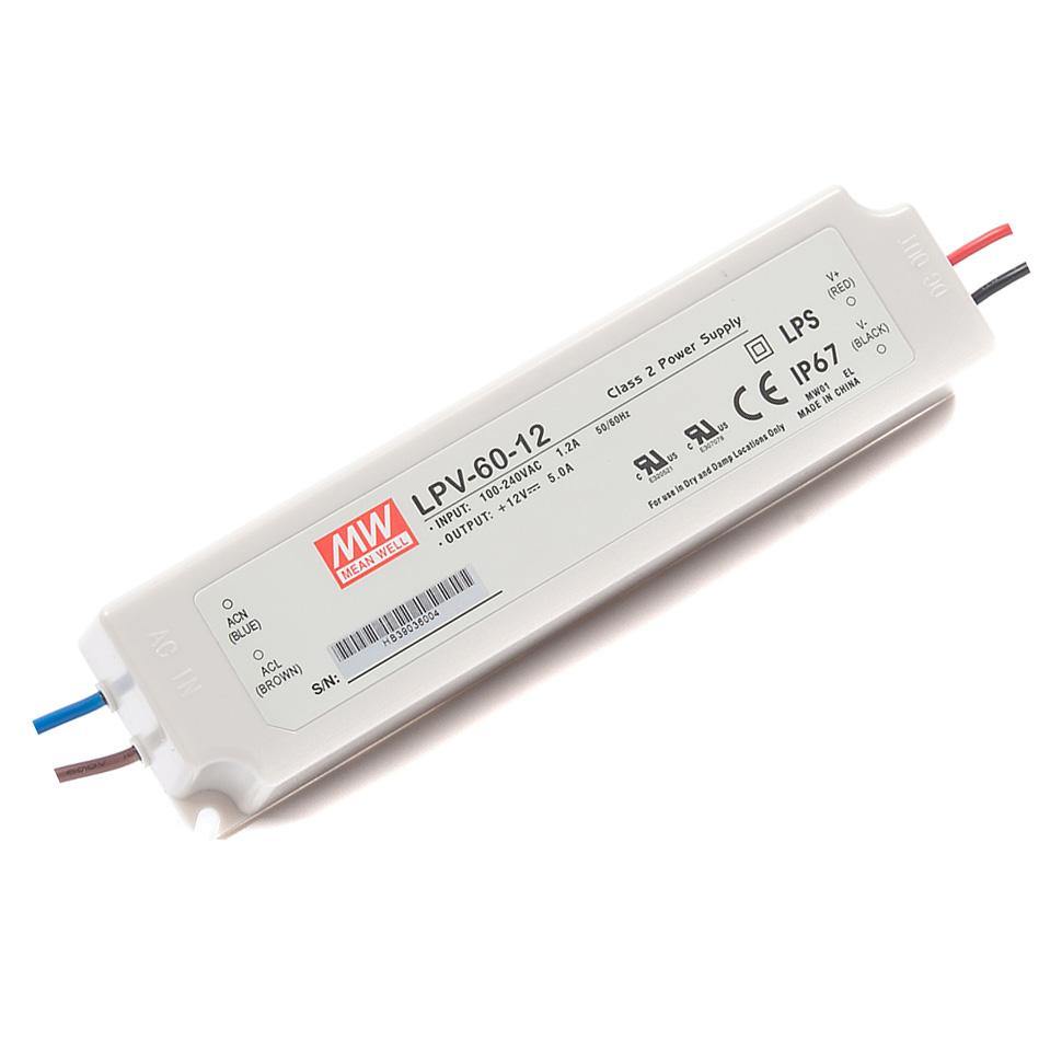 Mean Well 60W LED Power Supply | LPV-60-12 | Single Output 12V DC Constant Voltage LED Driver | IP67 Outdoor LED Transformer - Carrier LED